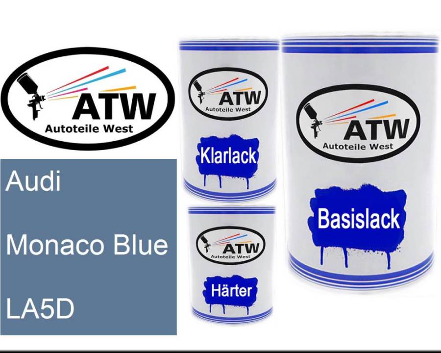 Audi, Monaco Blue, LA5D: 500ml Lackdose + 500ml Klarlack + 250ml Härter - Set, von ATW Autoteile West.